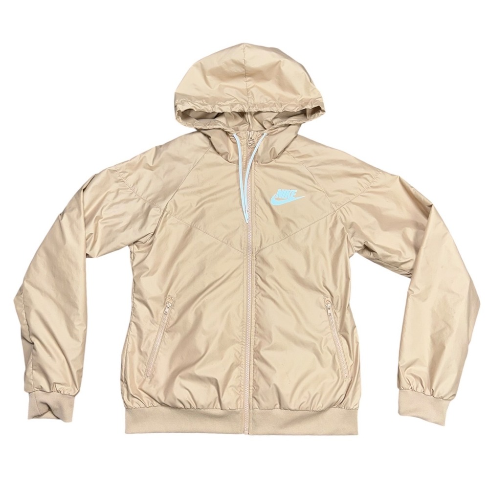 Nike Womens Windrunner Hooded Jacket Tan Beige Blue Logo AR3092-200 Small‎